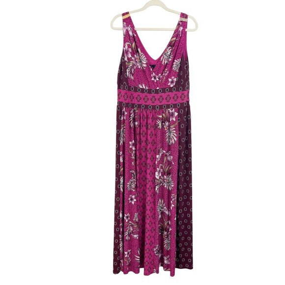 White House Black Market Pink Mixed Print Matte Jersey Maxi Dress V-Neck LARGE - Picture 1 of 7